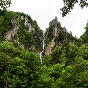 Превью обои деревья, водопад, скалы, река