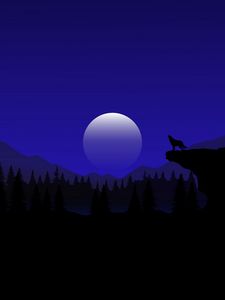 Превью обои волк, луна, деревья, холмы, ночь, вектор, арт