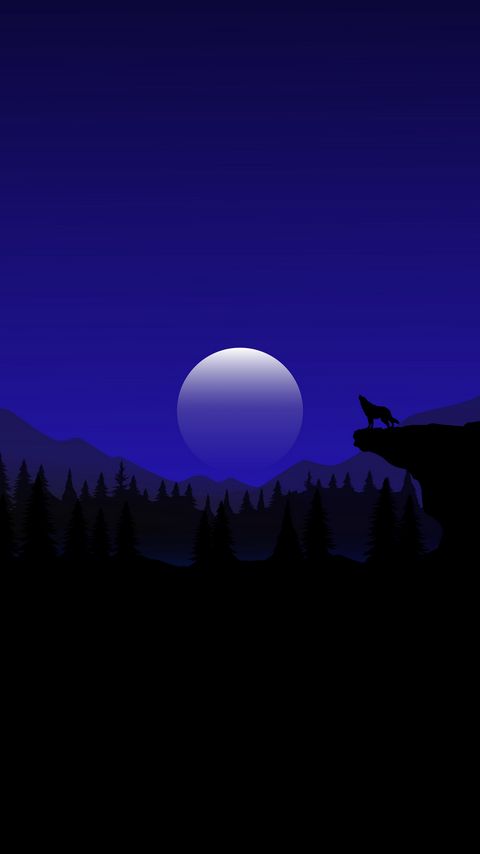480x854 Обои волк, луна, деревья, холмы, ночь, вектор, арт