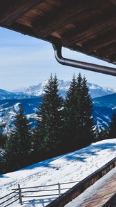 Превью обои деревья, зима, горы, окно