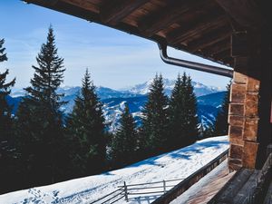 Превью обои деревья, зима, горы, окно