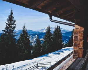 Превью обои деревья, зима, горы, окно