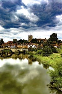 Превью обои деревня, башня, дома, пруд