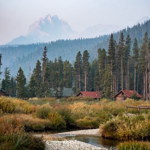 Превью обои деревня, домики, лес, пейзаж, природа