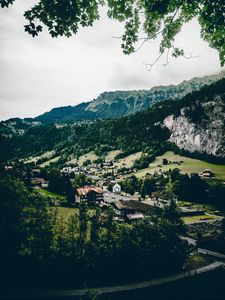 Превью обои деревня, горы, вид сверху, лаутербруннен, швейцария