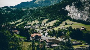 Превью обои деревня, горы, вид сверху, лаутербруннен, швейцария