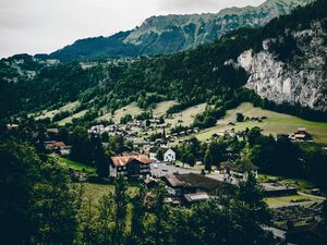 Превью обои деревня, горы, вид сверху, лаутербруннен, швейцария