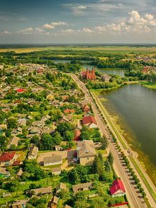 Превью обои деревня, река, вид сверху, обзор