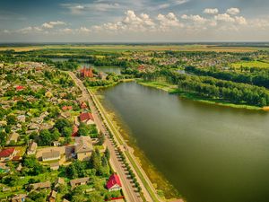 Превью обои деревня, река, вид сверху, обзор