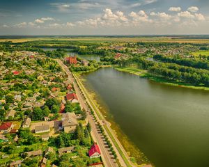 Превью обои деревня, река, вид сверху, обзор