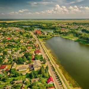 Превью обои деревня, река, вид сверху, обзор