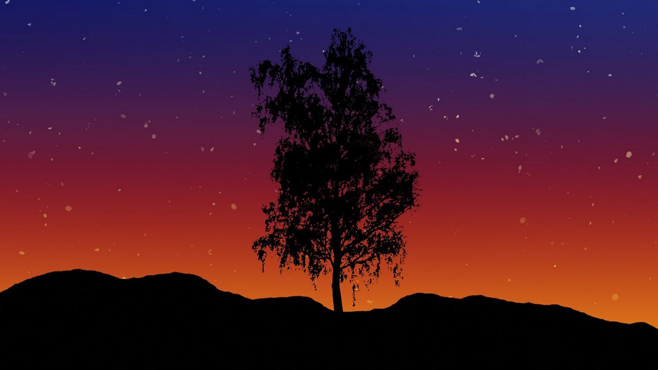 Обои дерево, арт, одинокий, вектор, звездное небо