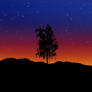 Превью обои дерево, арт, одинокий, вектор, звездное небо