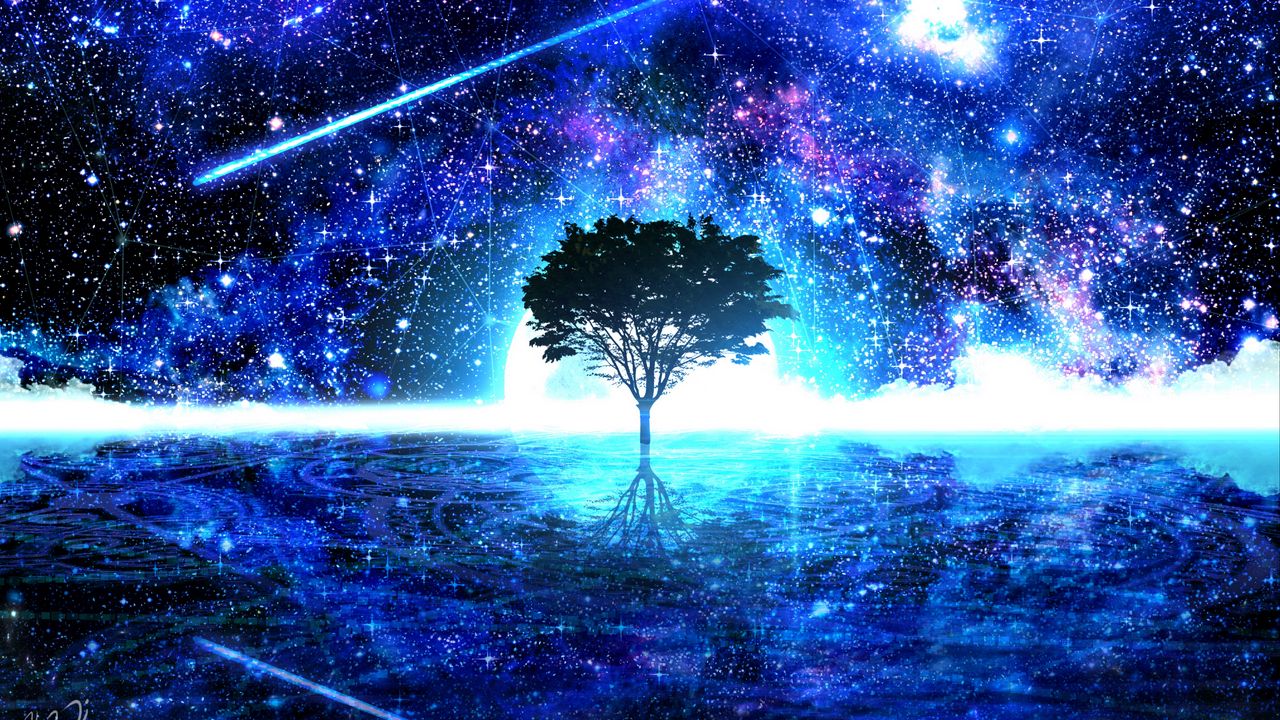 Обои дерево, блеск, арт, звезды, яркий