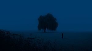 Превью обои дерево, человек, силуэт, одиночество, сумерки