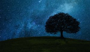 Превью обои дерево, холм, звездное небо, звезды, ночь, темный