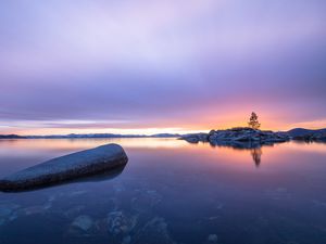 Превью обои дерево, камни, остров, озеро, природа