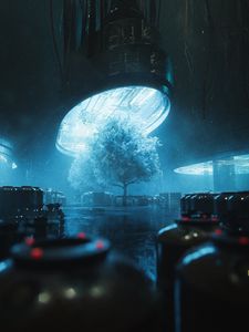 Превью обои дерево, лампа, свет, синий, темный