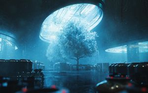 Превью обои дерево, лампа, свет, синий, темный