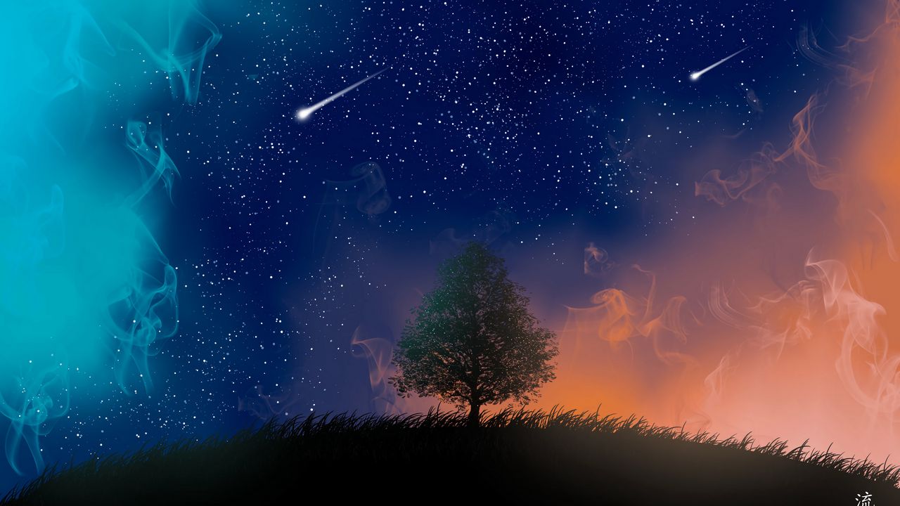 Обои дерево, ночь, звезды, арт, дым, метеоры