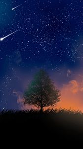Превью обои дерево, ночь, звезды, арт, дым, метеоры