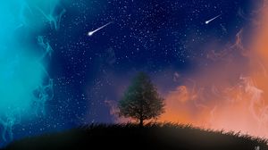 Превью обои дерево, ночь, звезды, арт, дым, метеоры
