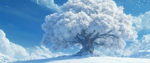 Превью обои дерево, облака, снег, зима, белый