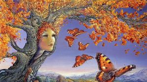 Превью обои дерево, осень, лицо, бабочки, листья, девушки, удивление