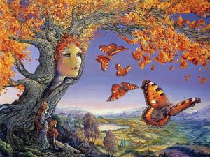 Превью обои дерево, осень, лицо, бабочки, листья, девушки, удивление