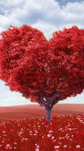 Превью обои дерево, сердце, фотошоп, поле, трава, романтика