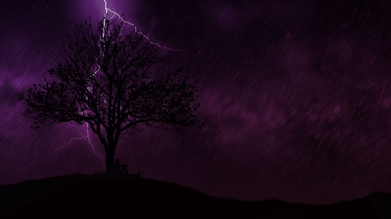 Обои дерево, силуэт, молния, ночь, дождь, одиночество