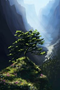Превью обои дерево, скала, горы, пейзаж, арт