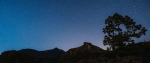 Превью обои дерево, скалы, звездное небо, звезды, ночь, темный