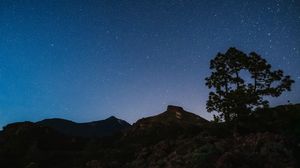 Превью обои дерево, скалы, звездное небо, звезды, ночь, темный