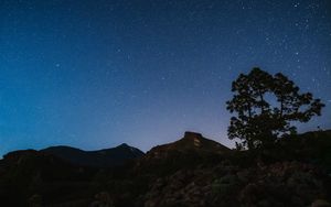 Превью обои дерево, скалы, звездное небо, звезды, ночь, темный