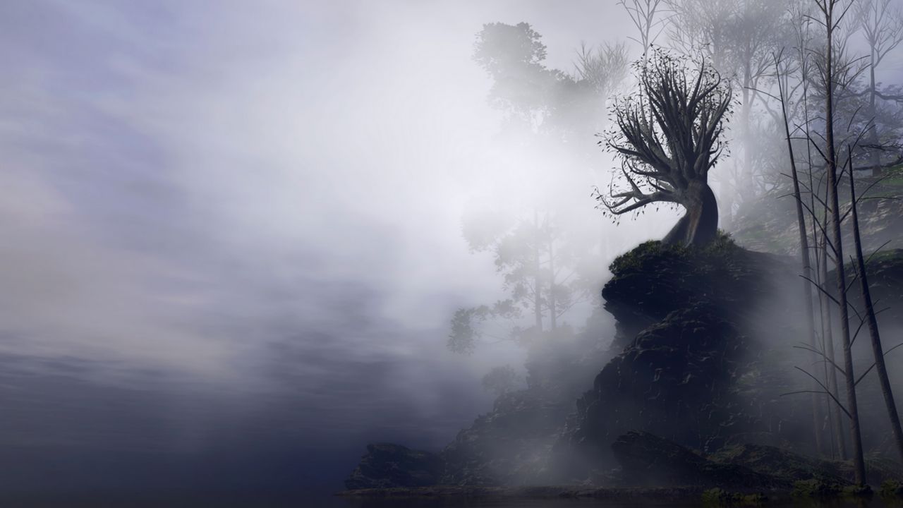 Обои дерево, туман, арт, скала, обрыв, ветки, мрачный