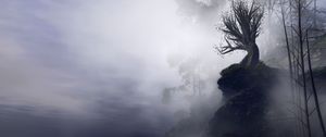 Превью обои дерево, туман, арт, скала, обрыв, ветки, мрачный
