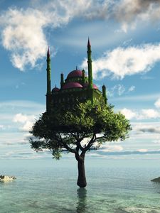Превью обои дерево, замок, море, фантазия
