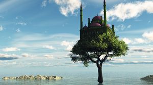 Превью обои дерево, замок, море, фантазия