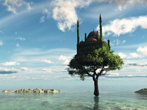 Превью обои дерево, замок, море, фантазия