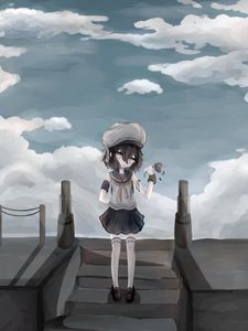 Превью обои девочка, форма, берет, цветок, аниме, арт