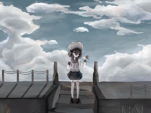 Превью обои девочка, форма, берет, цветок, аниме, арт