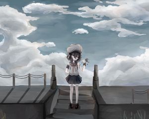 Превью обои девочка, форма, берет, цветок, аниме, арт