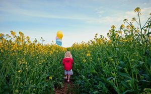 Превью обои девочка, поляна, настроение, воздушные шары