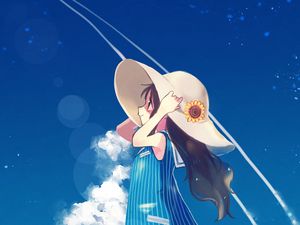 Превью обои девочка, шляпа, небо, облака, аниме, арт