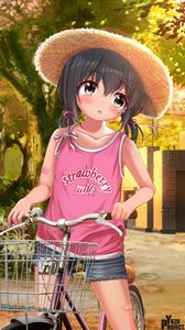 Превью обои девочка, шляпа, велосипед, аниме