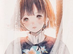 Превью обои девочка, цветы, букет, аниме, арт