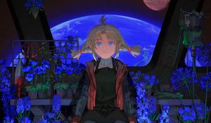 Превью обои девочка, цветы, космический корабль, аниме, арт