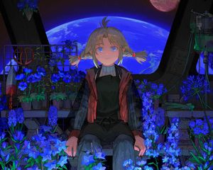 Превью обои девочка, цветы, космический корабль, аниме, арт