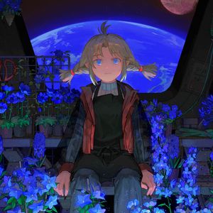 Превью обои девочка, цветы, космический корабль, аниме, арт